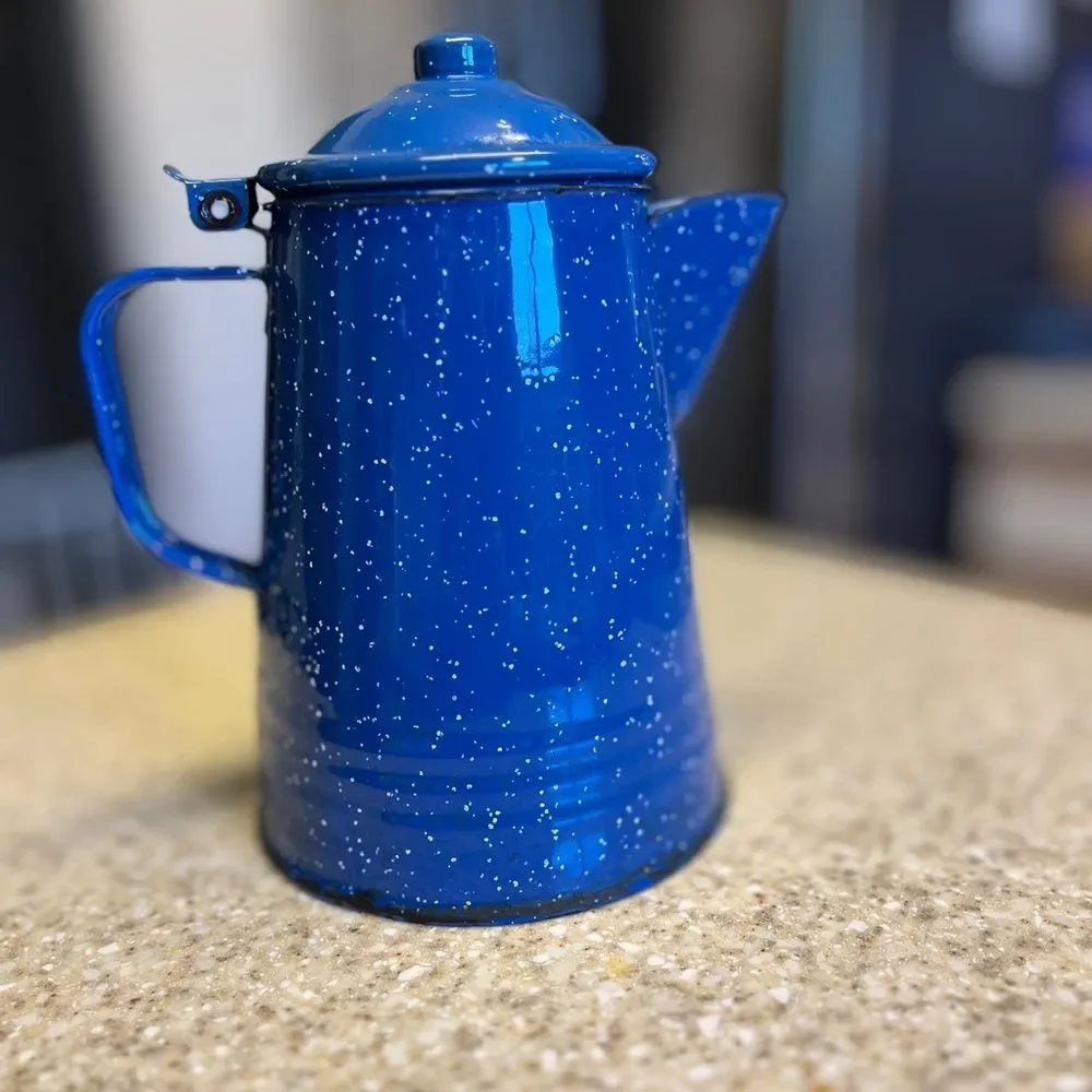 Vintage Blue Speckled Enamel Coffee Pot.